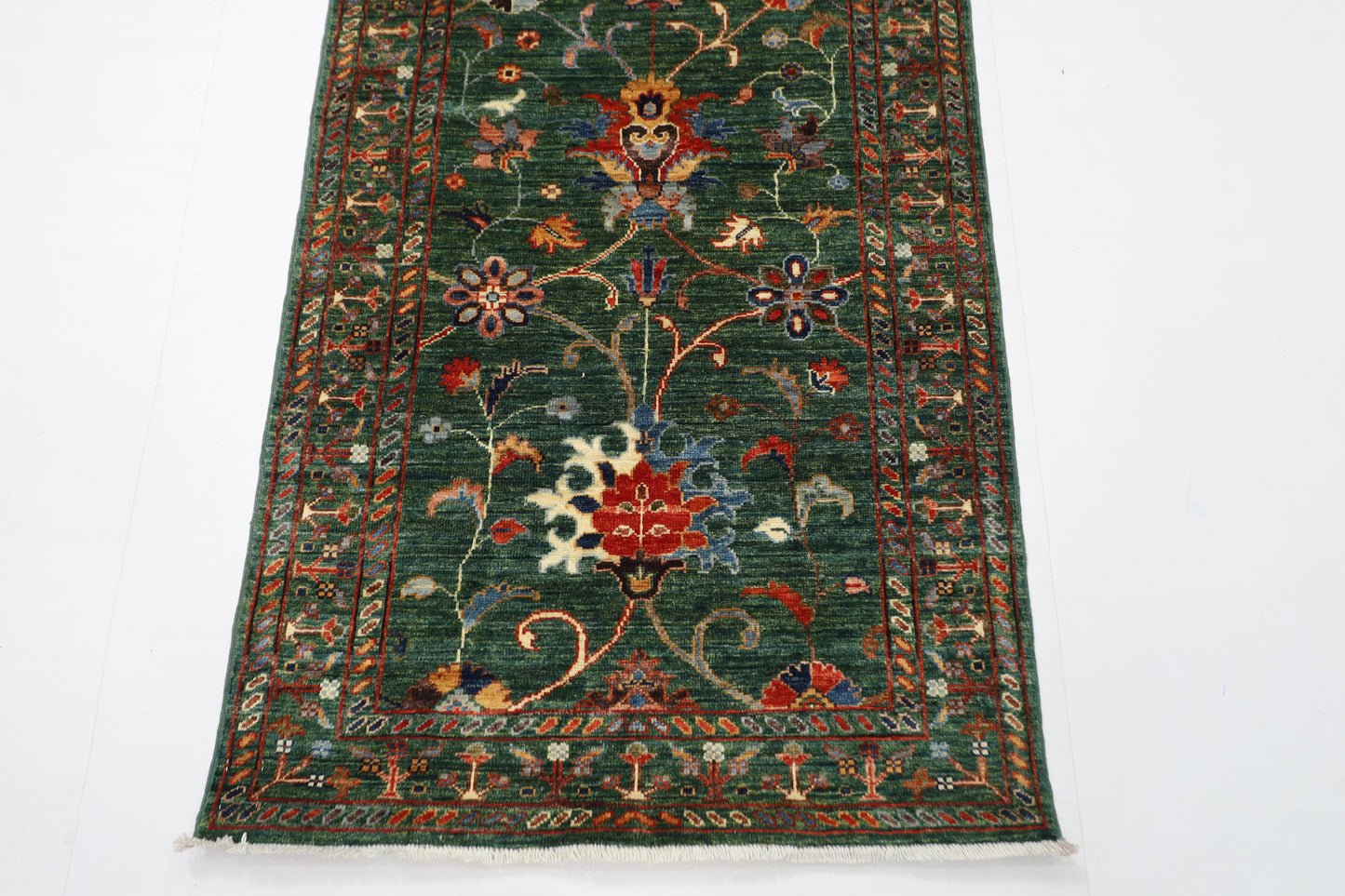 83 x 295 cm | Tribal Green Runner Rug Afghan Hand Knotted veg Dye Wool carpet
