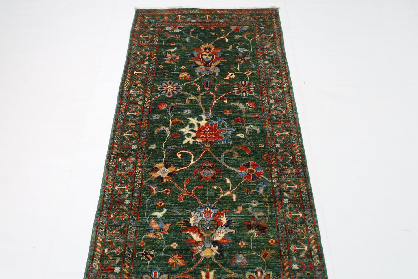 83 x 295 cm | Tribal Green Runner Rug Afghan Hand Knotted veg Dye Wool carpet