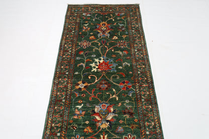 83 x 295 cm | Tribal Green Runner Rug Afghan Hand Knotted veg Dye Wool carpet
