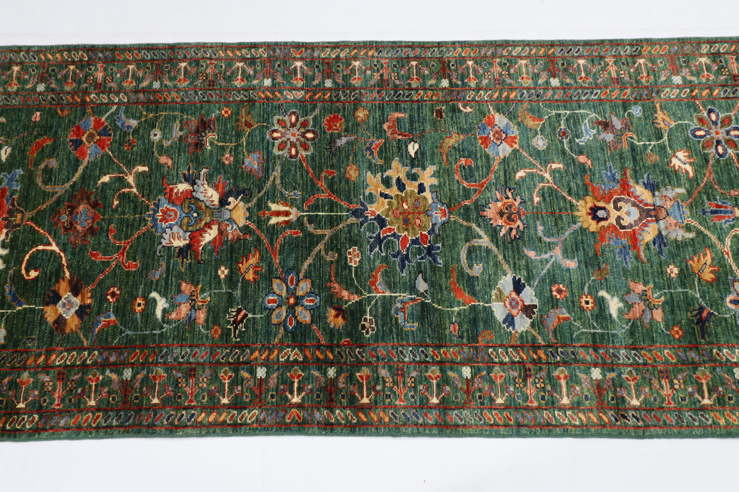 83 x 295 cm | Tribal Green Runner Rug Afghan Hand Knotted veg Dye Wool carpet