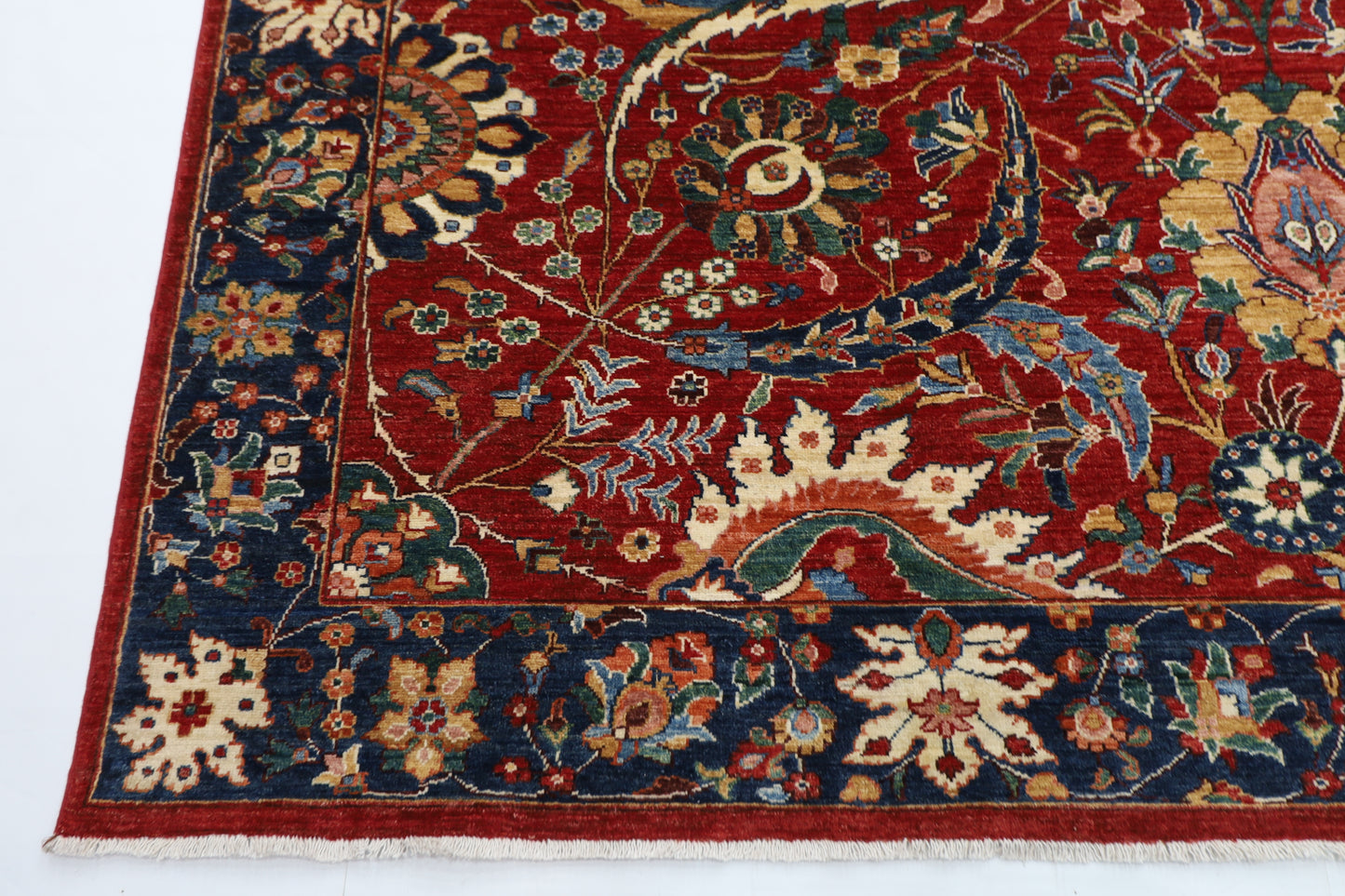 277 x 362 cm | Red Sickle Leaf Handmade Afghan Area Rug Hand Knotted Carpet Living Room Rug