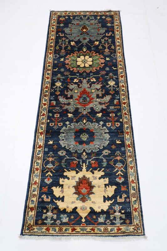 65 x 180 cm | Tribal Blue Runner Rug Afghan Hand Knotted veg Dye Wool carpet