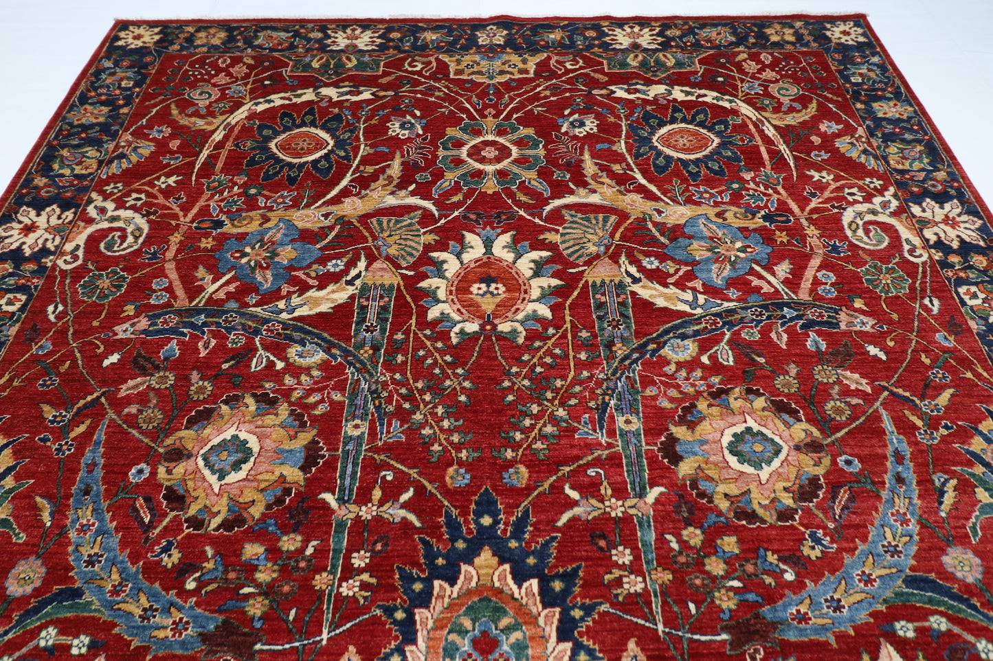 277 x 362 cm | Red Sickle Leaf Handmade Afghan Area Rug Hand Knotted Carpet Living Room Rug