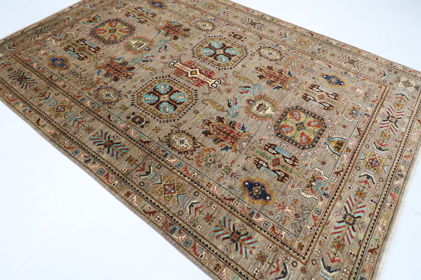 208 x 307 cm | Gray Waziri Handmade Afghan Area Rug Hand Knotted Carpet Living Room Rug