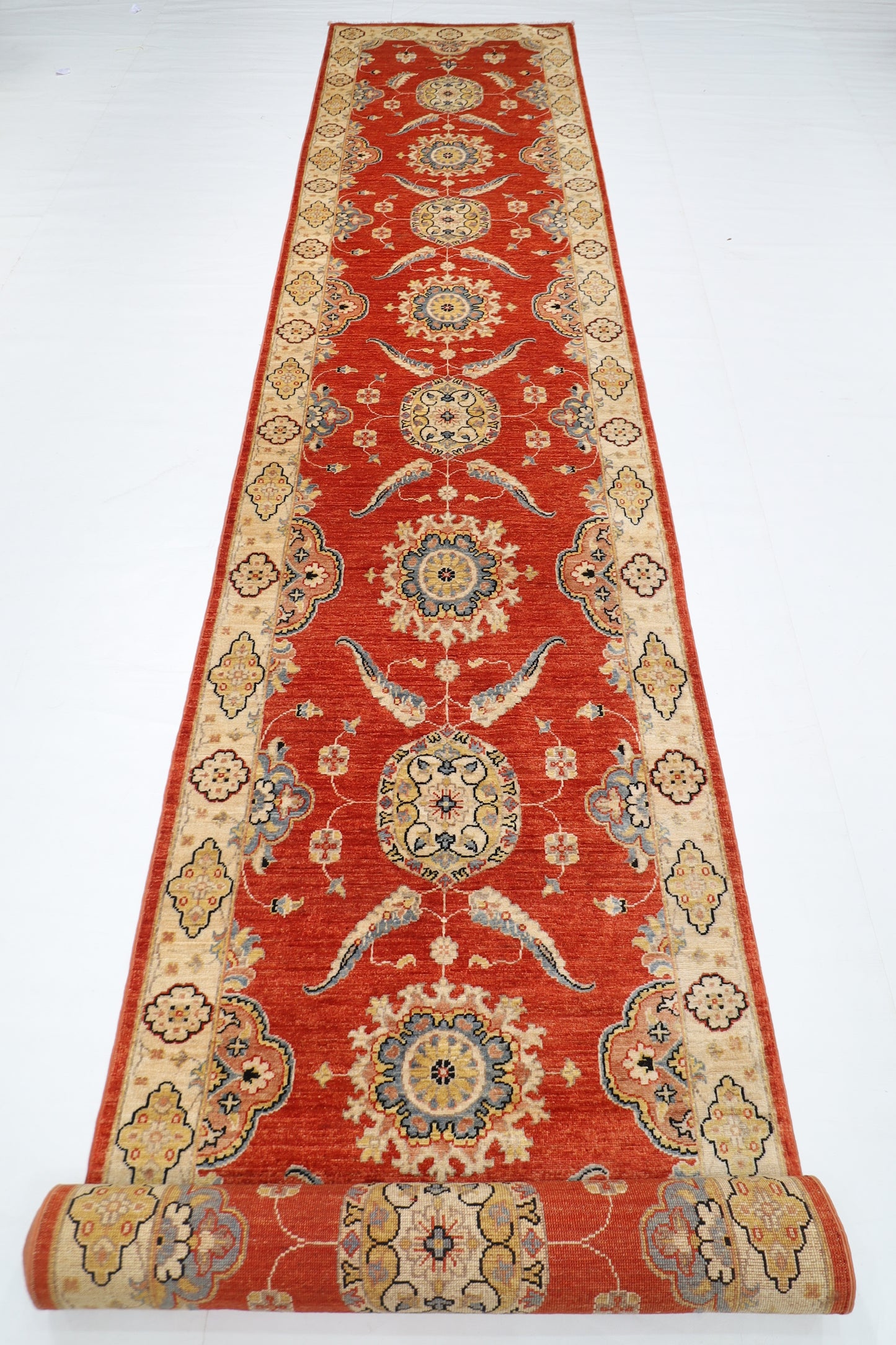 99 x 573 cm | Tribal Orange Large Runner Rug Afghan Hand Knotted veg Dye Wool carpet