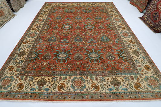 277 x 358 cm | Oriental Floral Orange Area Rug Afghan Hand Knotted veg Dye Wool Carpet