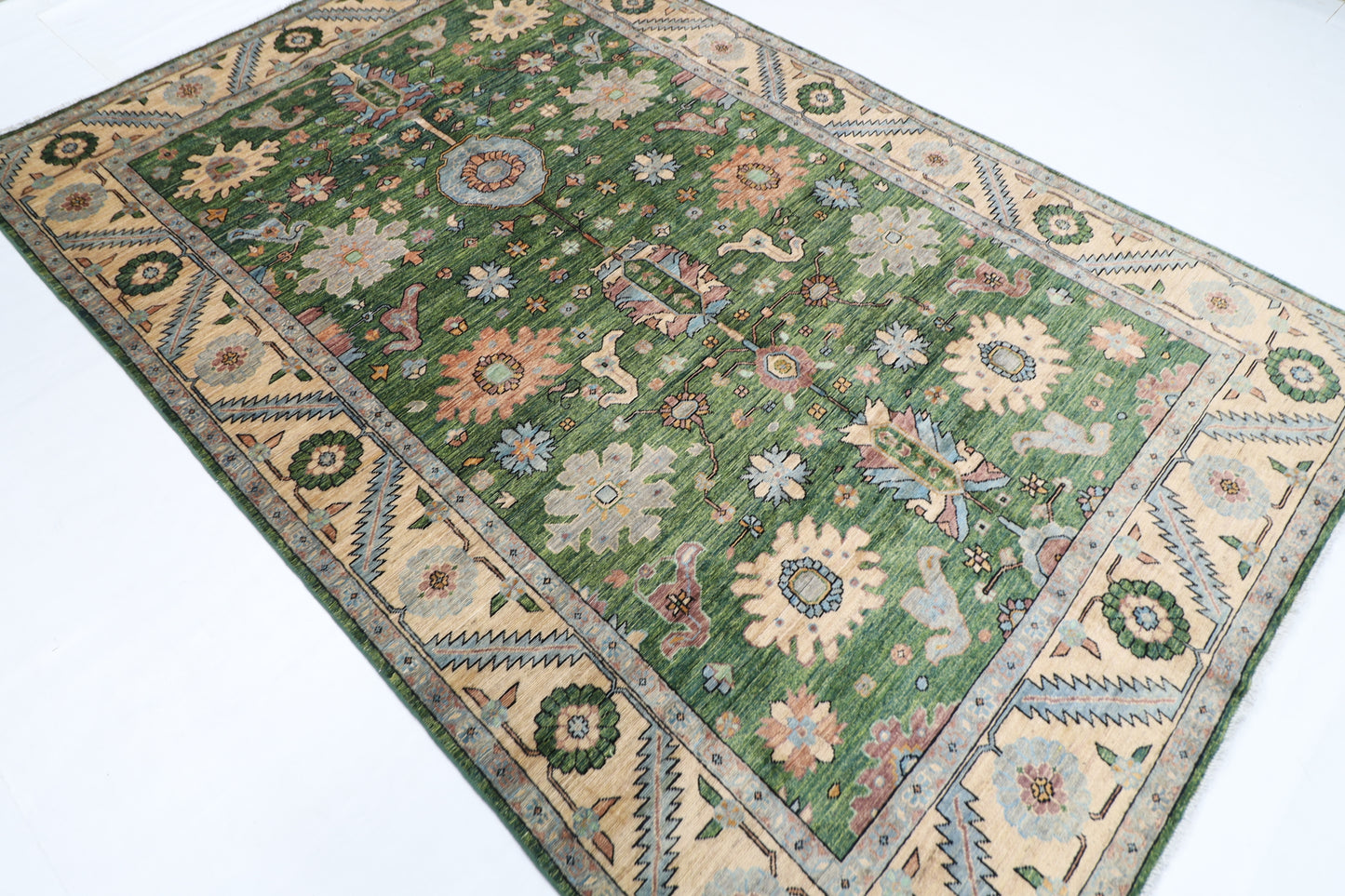 185 x 285 cm | Oriental Green Area Rug Afghan Hand Knotted Veg Dye Wool carpet