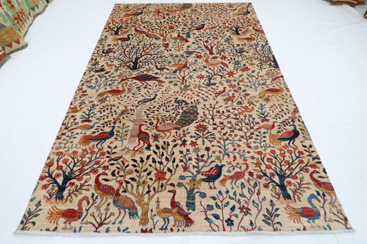 202 x 296 cm | Beige Birds Pictorial Handmade Afghan Area Rug Hand Knotted Carpet Living Room Rug