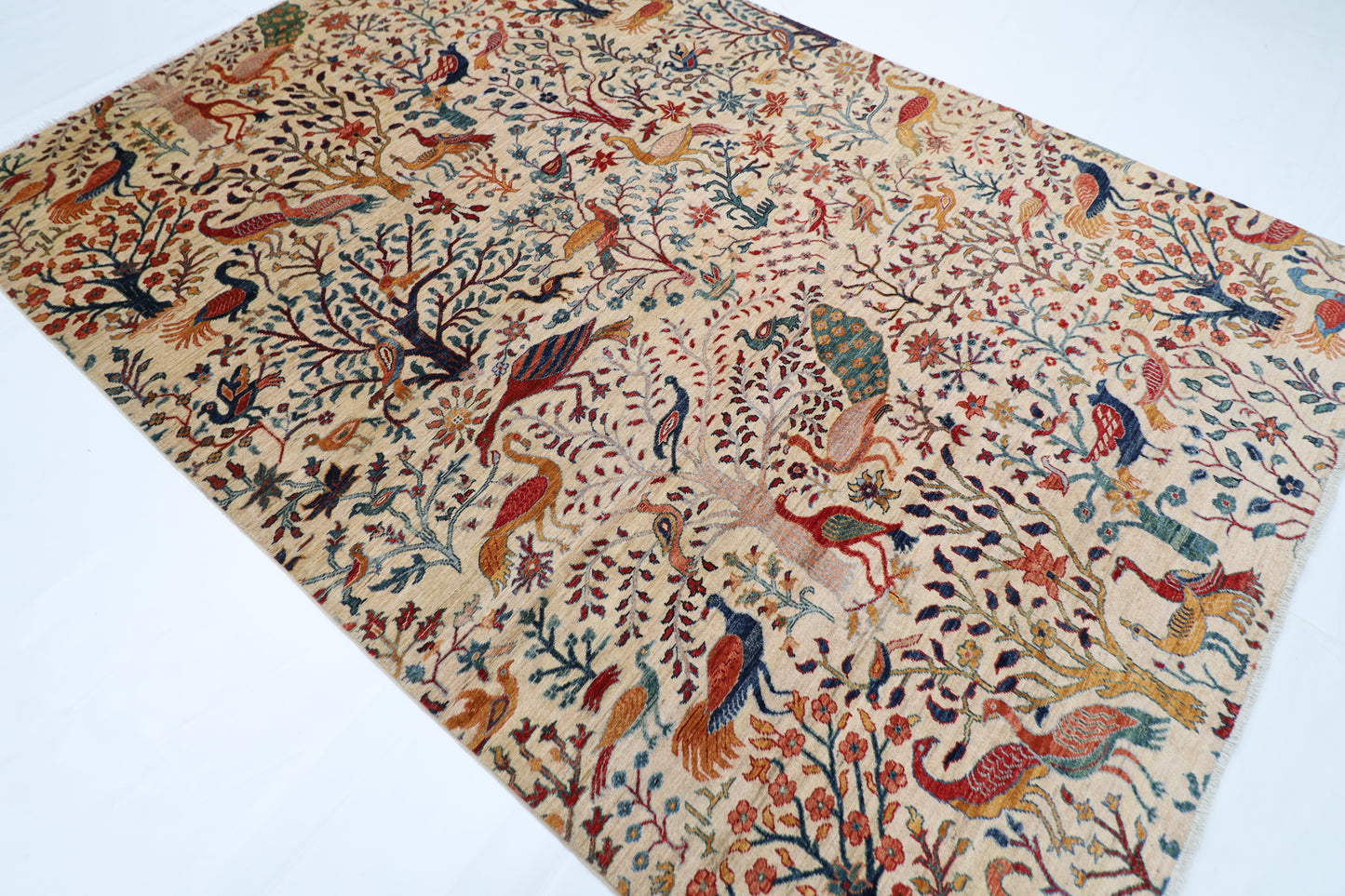 202 x 296 cm | Beige Birds Pictorial Handmade Afghan Area Rug Hand Knotted Carpet Living Room Rug