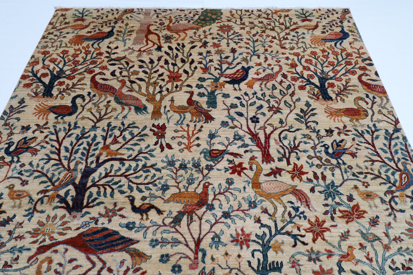 202 x 296 cm | Beige Birds Pictorial Handmade Afghan Area Rug Hand Knotted Carpet Living Room Rug