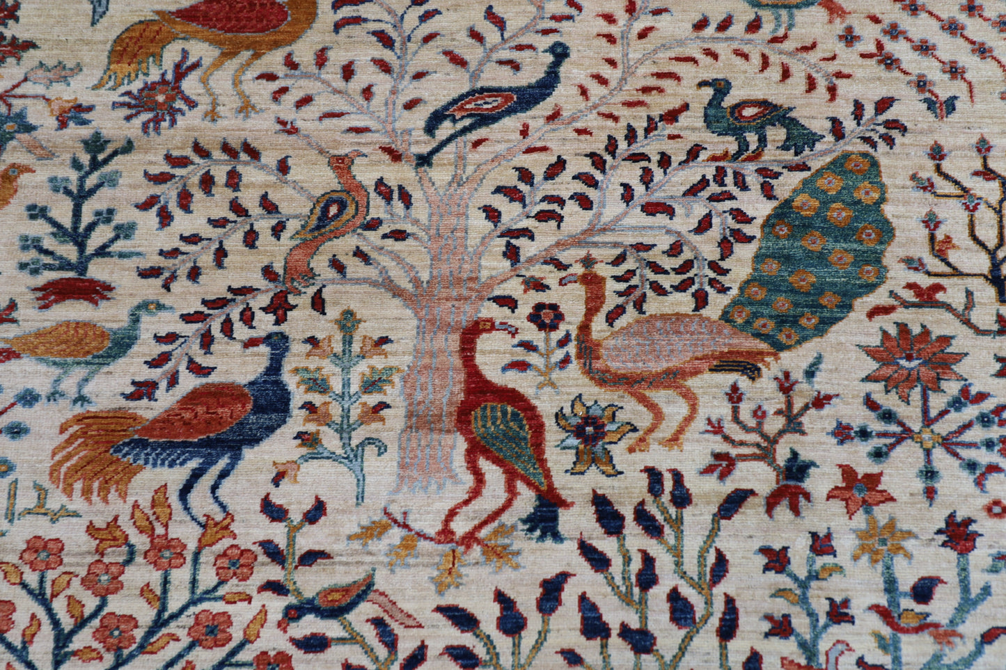 202 x 296 cm | Beige Birds Pictorial Handmade Afghan Area Rug Hand Knotted Carpet Living Room Rug