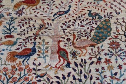 202 x 296 cm | Beige Birds Pictorial Handmade Afghan Area Rug Hand Knotted Carpet Living Room Rug
