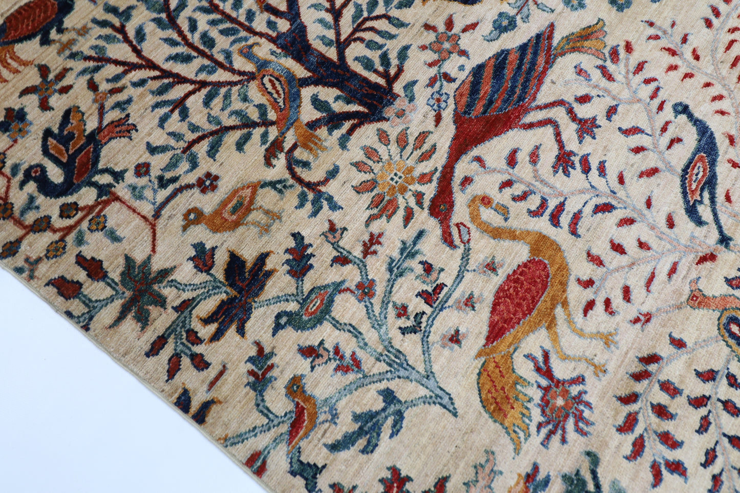 202 x 296 cm | Beige Birds Pictorial Handmade Afghan Area Rug Hand Knotted Carpet Living Room Rug