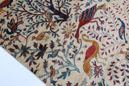 202 x 296 cm | Beige Birds Pictorial Handmade Afghan Area Rug Hand Knotted Carpet Living Room Rug