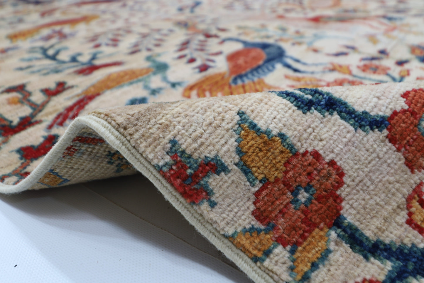 202 x 296 cm | Beige Birds Pictorial Handmade Afghan Area Rug Hand Knotted Carpet Living Room Rug