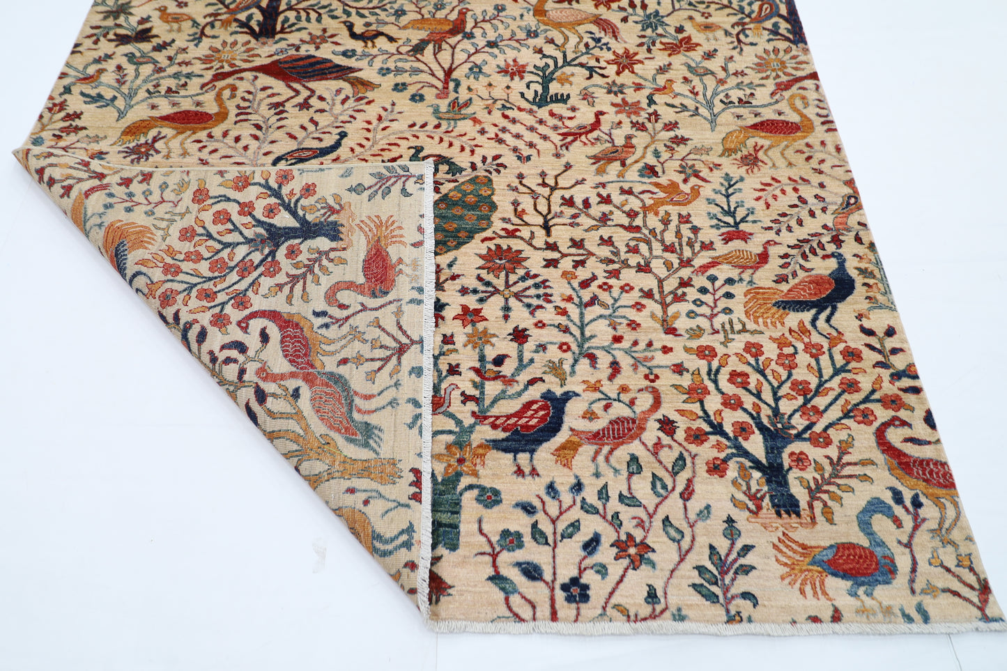 202 x 296 cm | Beige Birds Pictorial Handmade Afghan Area Rug Hand Knotted Carpet Living Room Rug