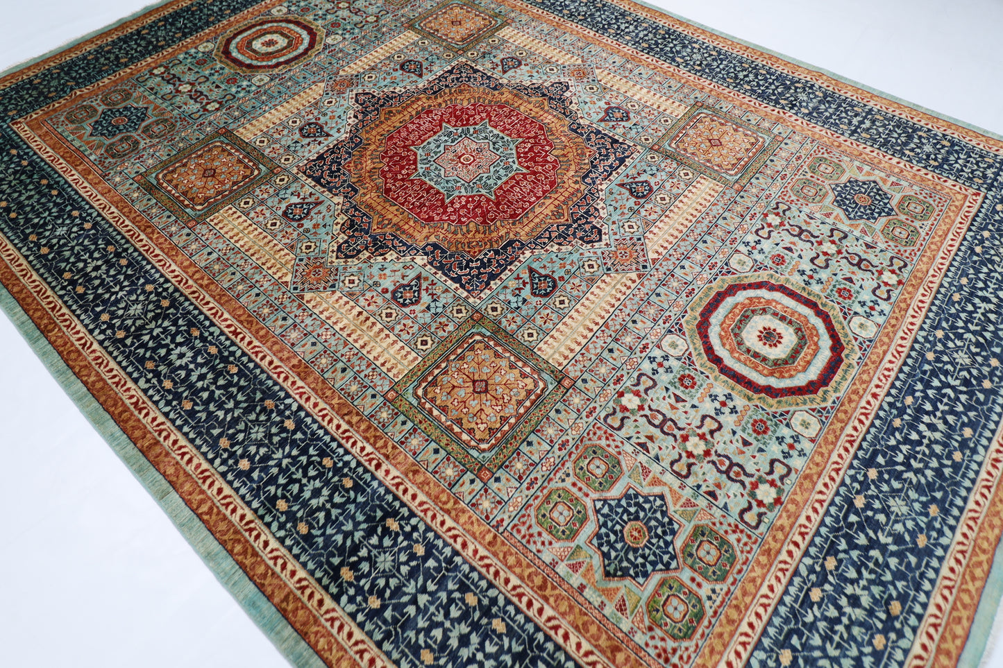 270 x 365 cm | Turquoise Mamluk Handmade Afghan Area Rug Hand Knotted Carpet Living Room Rug