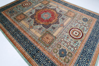270 x 365 cm | Turquoise Mamluk Handmade Afghan Area Rug Hand Knotted Carpet Living Room Rug