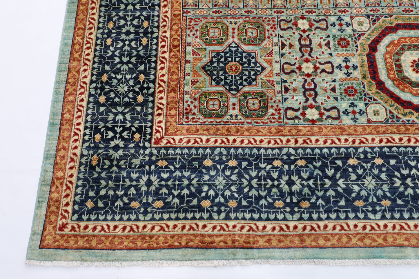 270 x 365 cm | Turquoise Mamluk Handmade Afghan Area Rug Hand Knotted Carpet Living Room Rug
