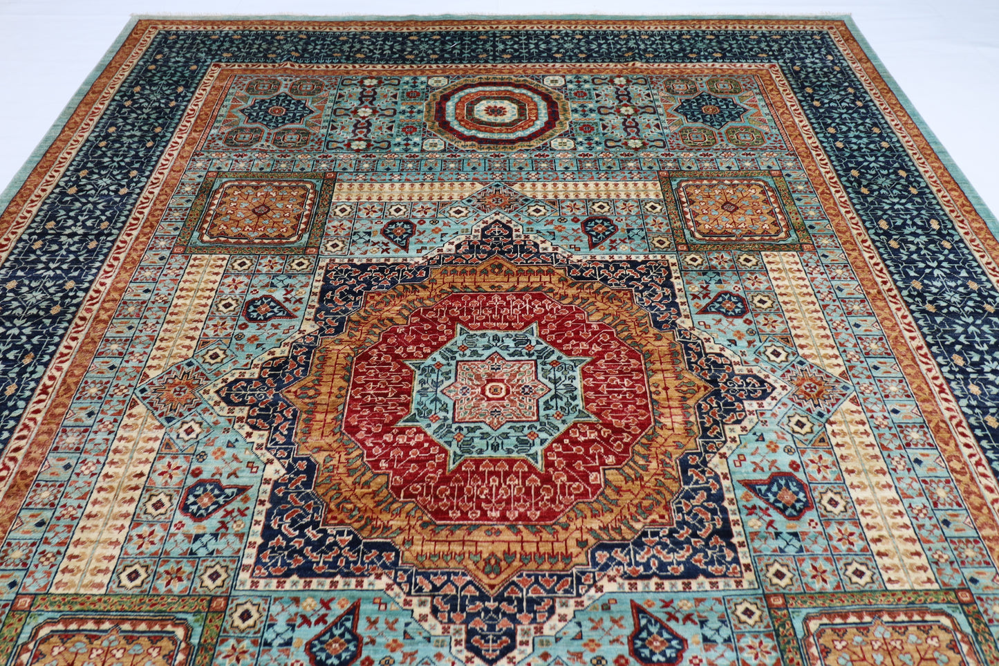 270 x 365 cm | Turquoise Mamluk Handmade Afghan Area Rug Hand Knotted Carpet Living Room Rug