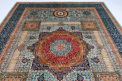 270 x 365 cm | Turquoise Mamluk Handmade Afghan Area Rug Hand Knotted Carpet Living Room Rug