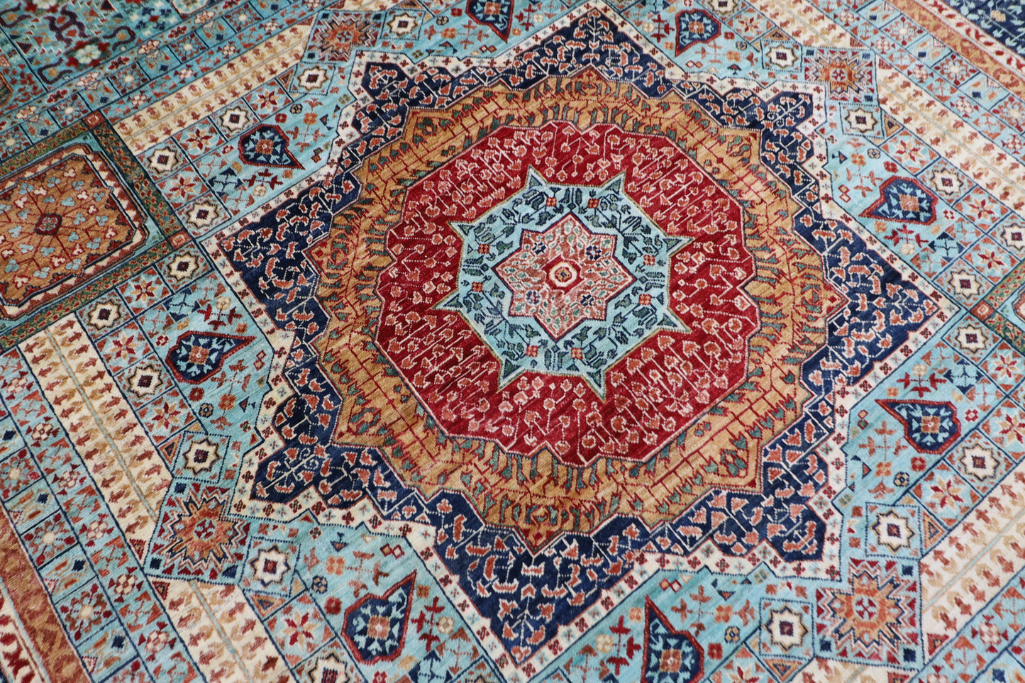 270 x 365 cm | Turquoise Mamluk Handmade Afghan Area Rug Hand Knotted Carpet Living Room Rug