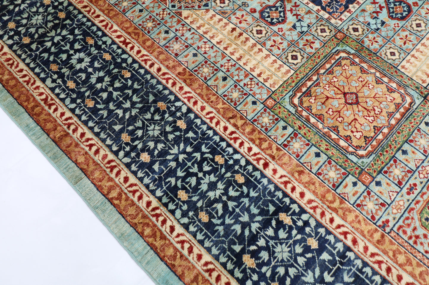 270 x 365 cm | Turquoise Mamluk Handmade Afghan Area Rug Hand Knotted Carpet Living Room Rug