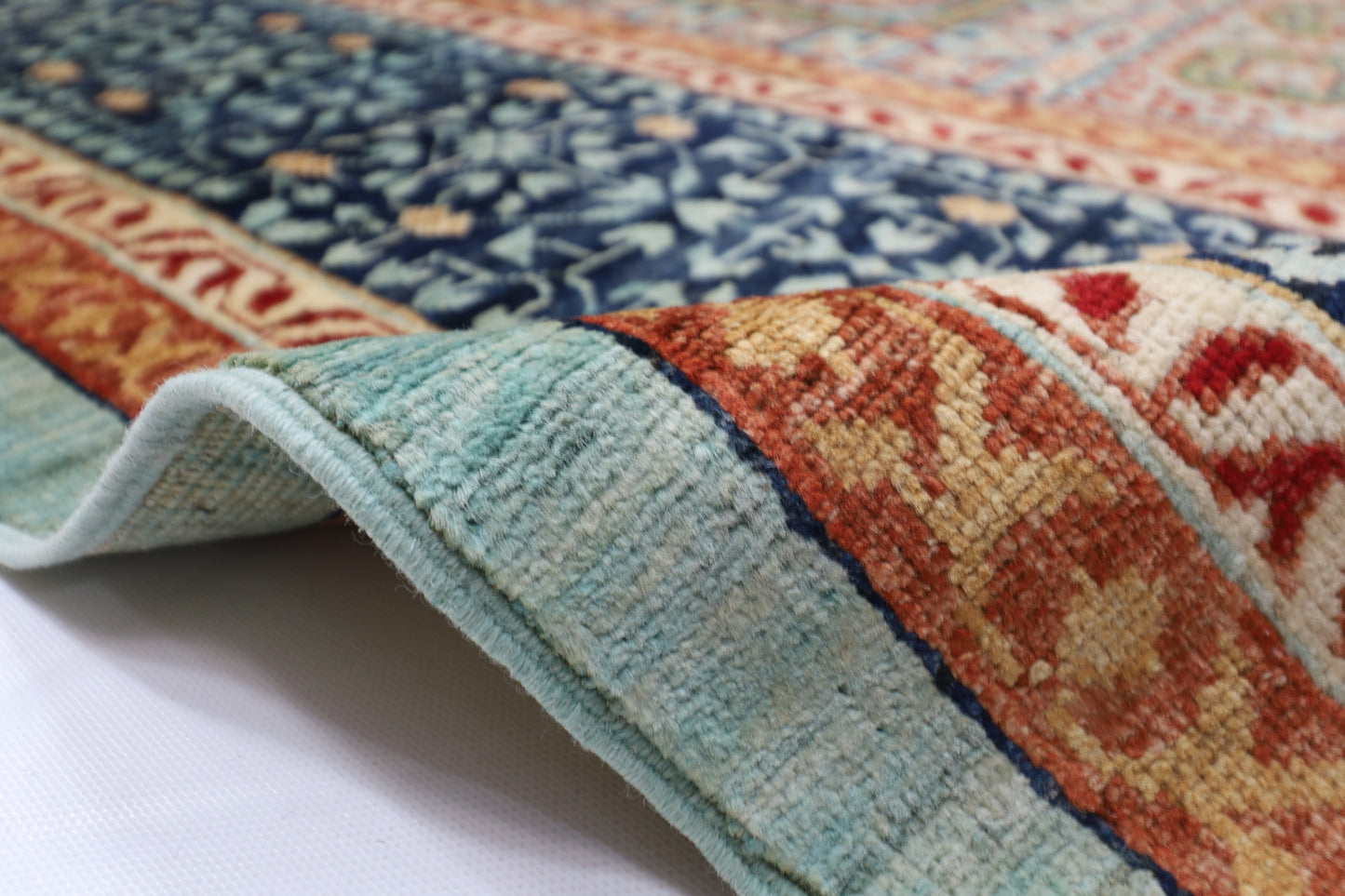 270 x 365 cm | Turquoise Mamluk Handmade Afghan Area Rug Hand Knotted Carpet Living Room Rug