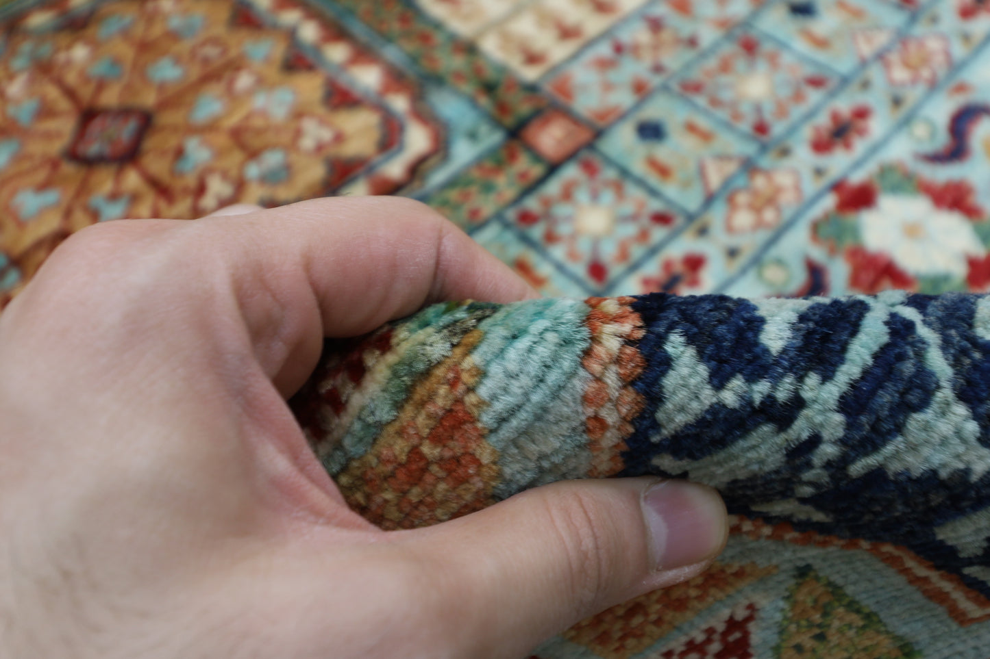 270 x 365 cm | Turquoise Mamluk Handmade Afghan Area Rug Hand Knotted Carpet Living Room Rug