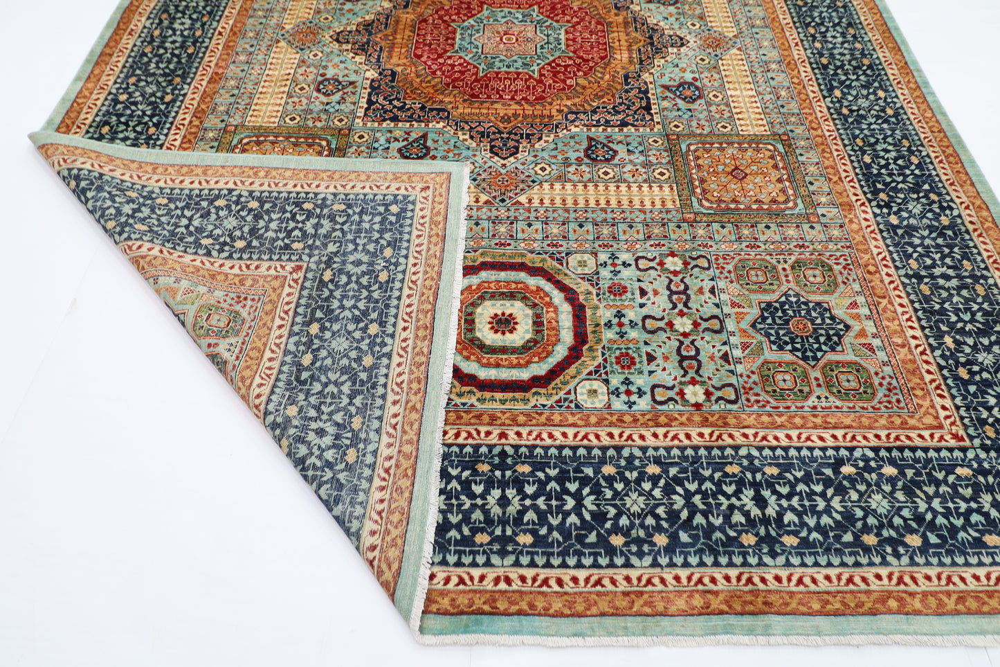 270 x 365 cm | Turquoise Mamluk Handmade Afghan Area Rug Hand Knotted Carpet Living Room Rug