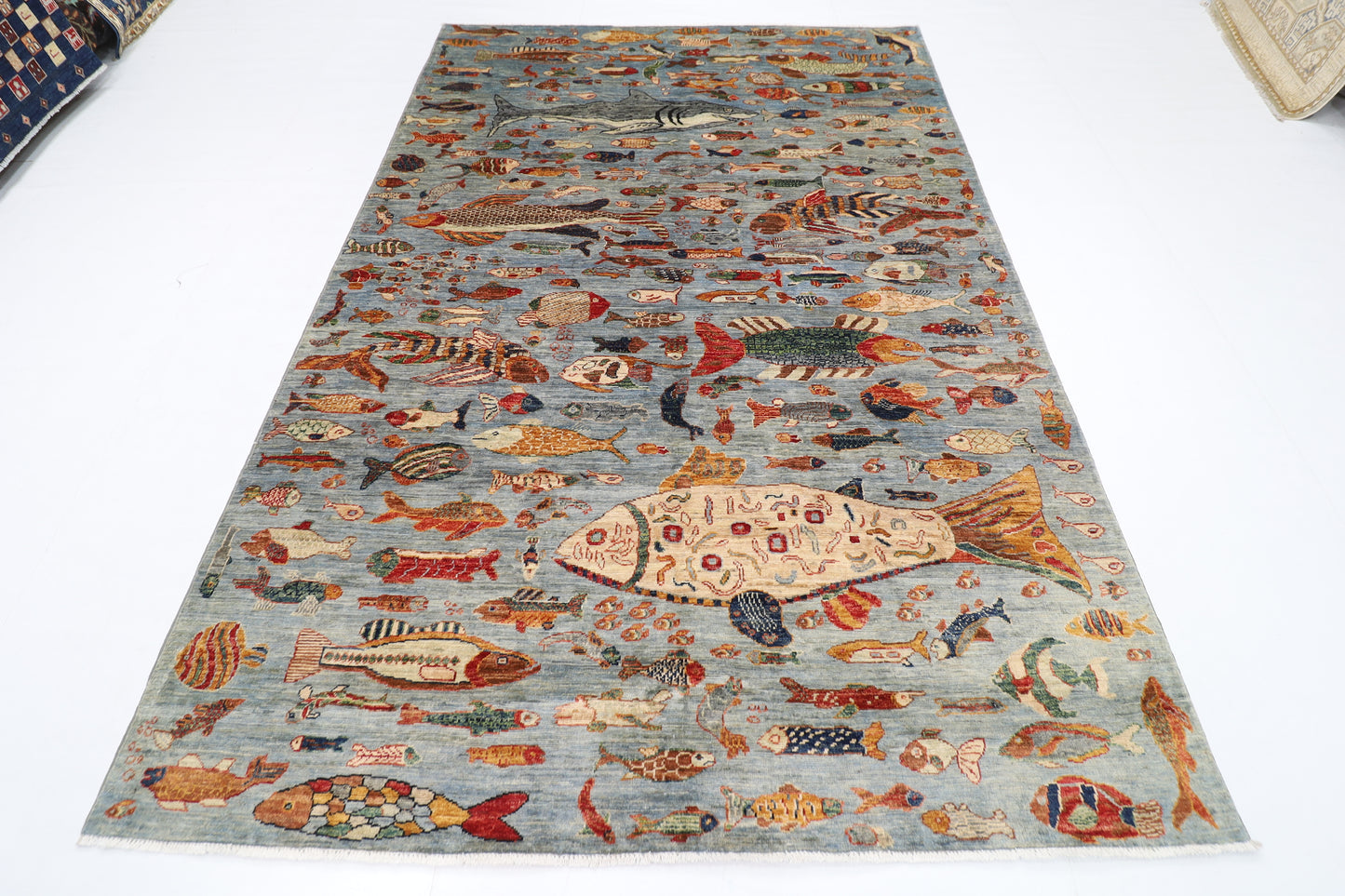 183 x 273 cm | Oriental Fish Gray Area Rug Afghan Hand Knotted Veg Dye Wool carpet