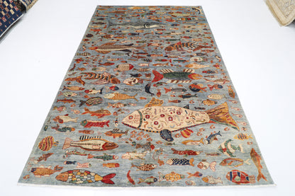 183 x 273 cm | Oriental Fish Gray Area Rug Afghan Hand Knotted Veg Dye Wool carpet