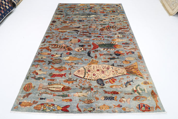 183 x 273 cm | Oriental Fish Gray Area Rug Afghan Hand Knotted Veg Dye Wool carpet