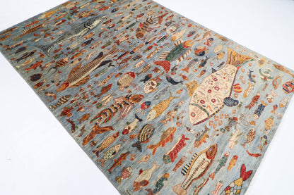183 x 273 cm | Oriental Fish Gray Area Rug Afghan Hand Knotted Veg Dye Wool carpet