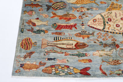 183 x 273 cm | Oriental Fish Gray Area Rug Afghan Hand Knotted Veg Dye Wool carpet