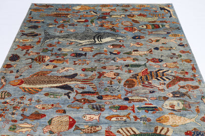 183 x 273 cm | Oriental Fish Gray Area Rug Afghan Hand Knotted Veg Dye Wool carpet