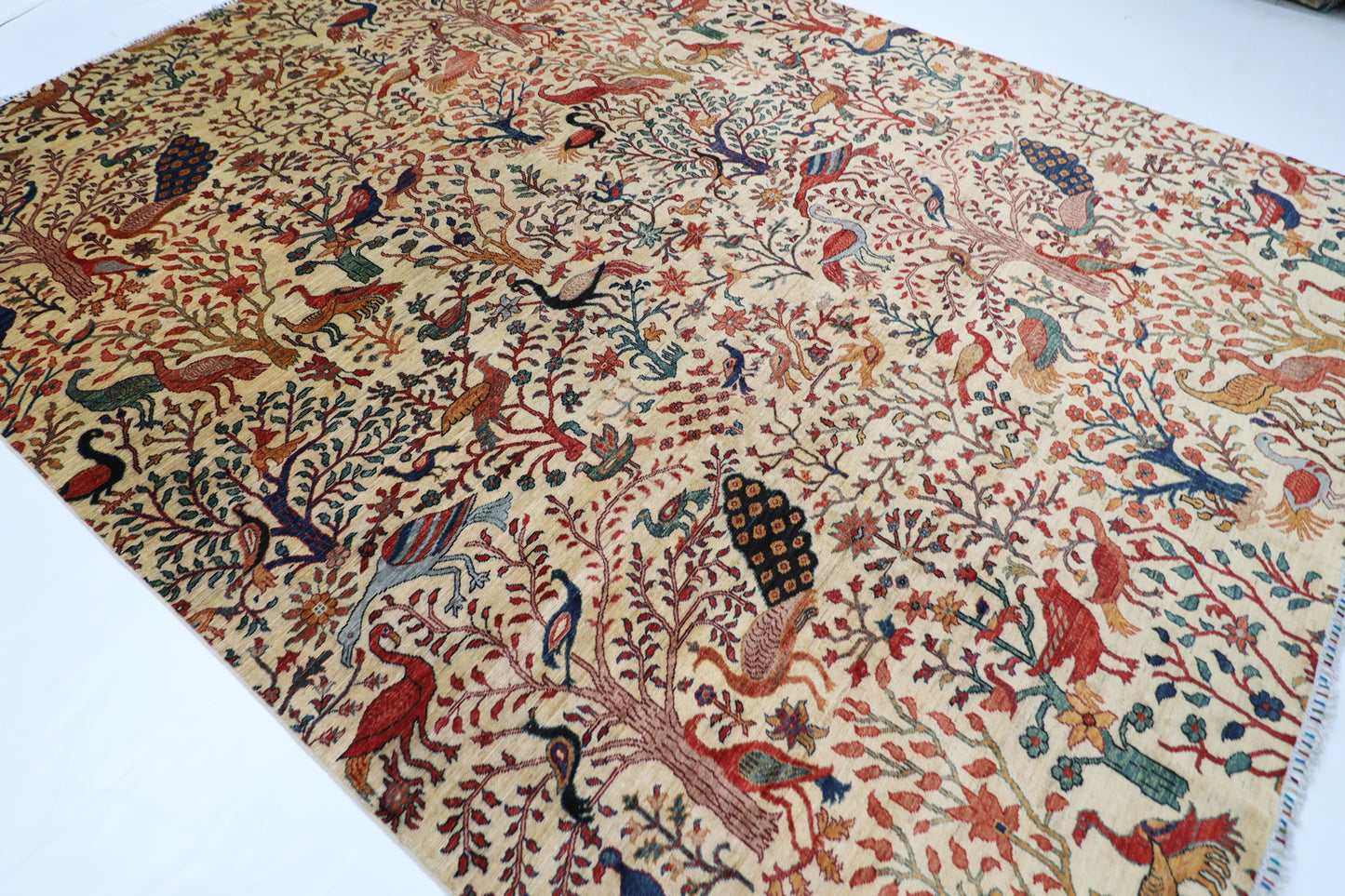 277 x 363 cm | Beige Birds Handmade Afghan Area Rug Hand Knotted Carpet Living Room Rug