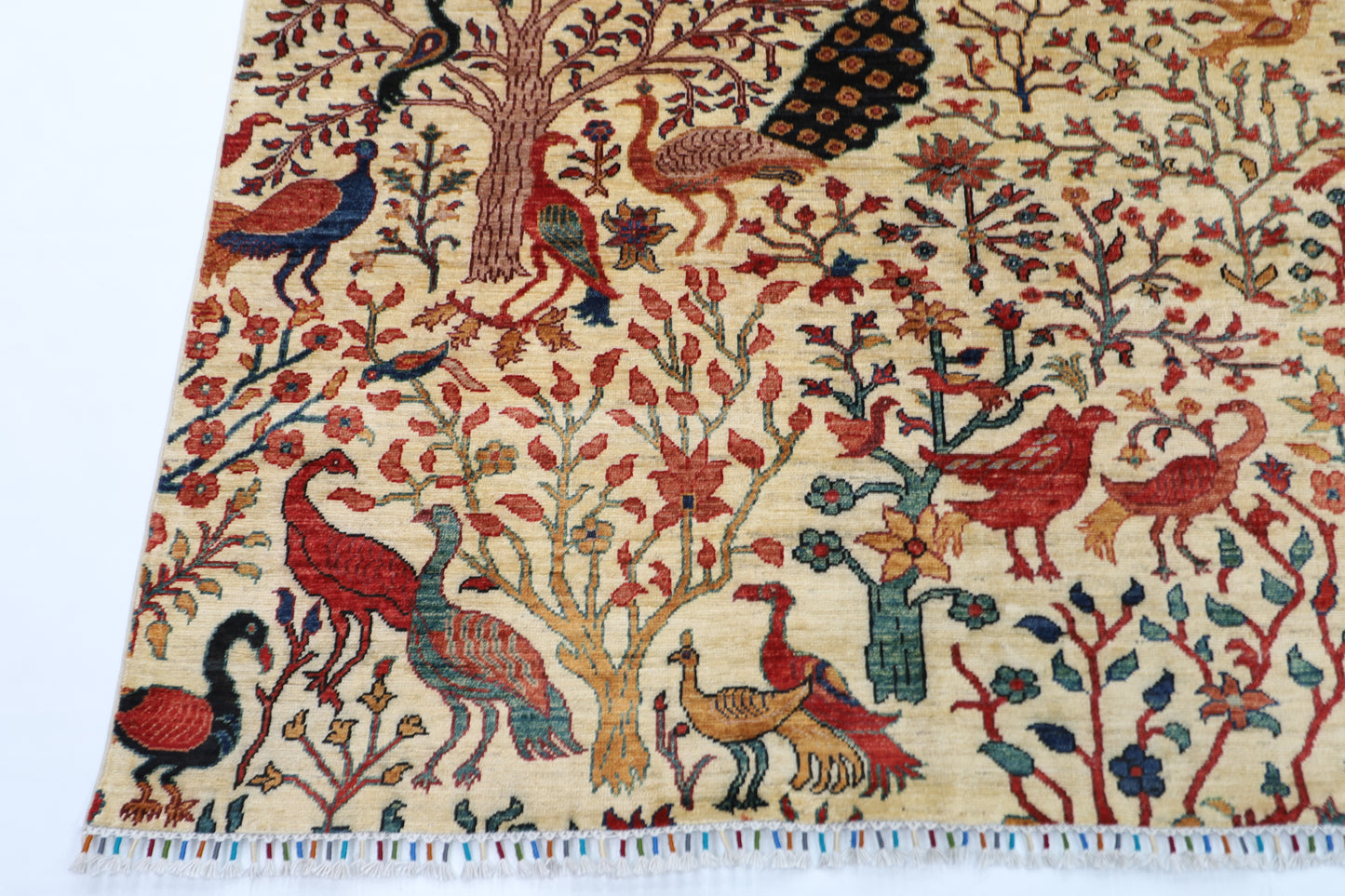 277 x 363 cm | Beige Birds Handmade Afghan Area Rug Hand Knotted Carpet Living Room Rug