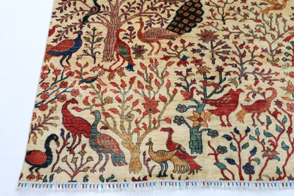 277 x 363 cm | Beige Birds Handmade Afghan Area Rug Hand Knotted Carpet Living Room Rug