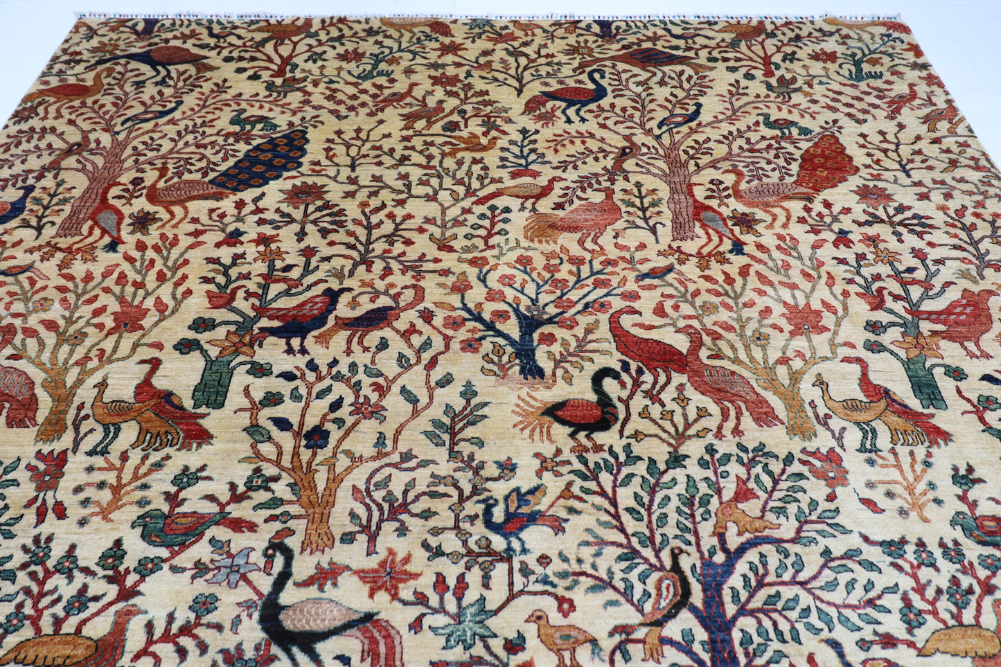 277 x 363 cm | Beige Birds Handmade Afghan Area Rug Hand Knotted Carpet Living Room Rug