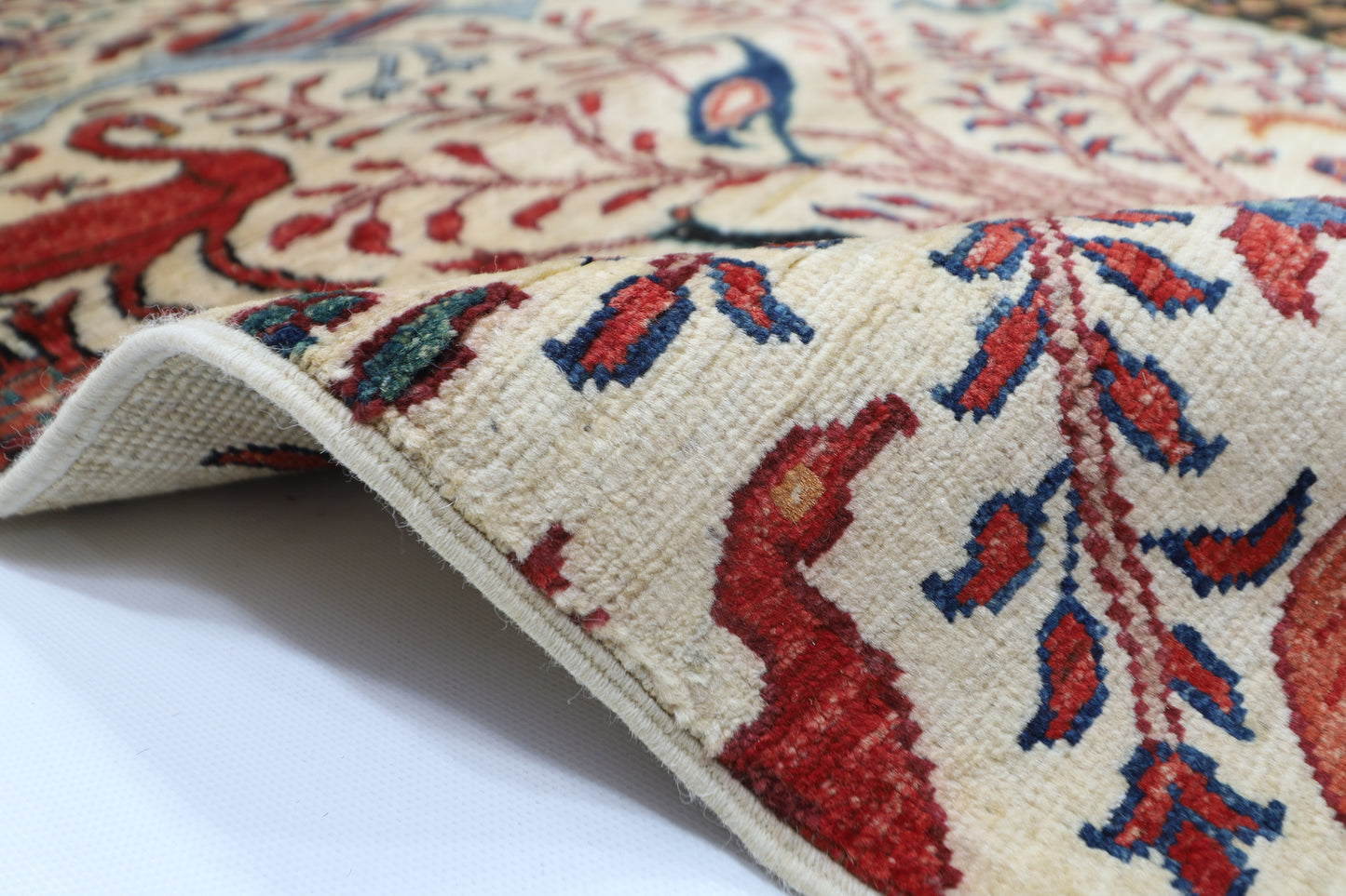 277 x 363 cm | Beige Birds Handmade Afghan Area Rug Hand Knotted Carpet Living Room Rug