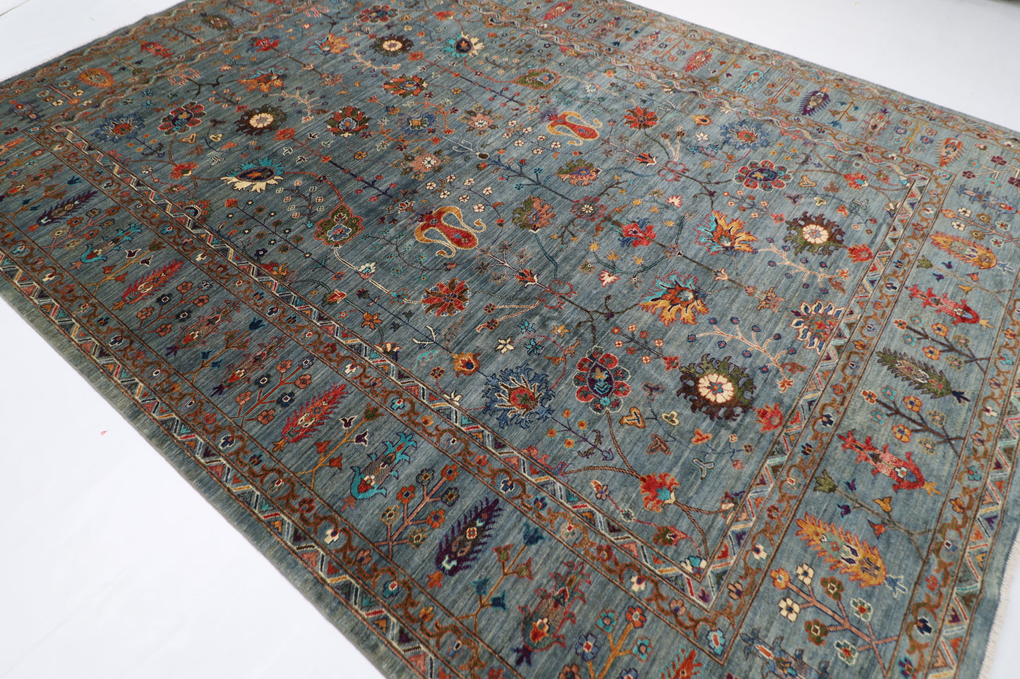 267 x 360 cm | Sultani Blueish Gray Handmade Afghan Area Rug Hand Knotted Carpet Living Room Rug