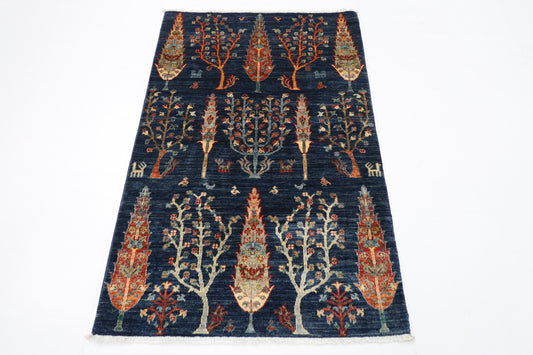 96 x 149 cm | Tree of life Blue Area Rug Afghan Hand Knotted veg Dye Wool carpet
