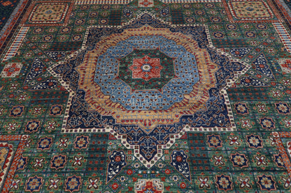 358 × 446 سم | سجادة صوف أفغانية مملوكية خضراء بصبغة نباتية