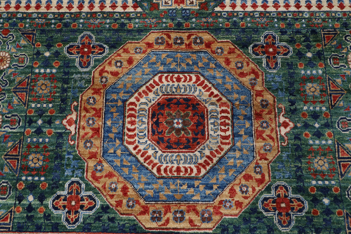 358 × 446 سم | سجادة صوف أفغانية مملوكية خضراء بصبغة نباتية
