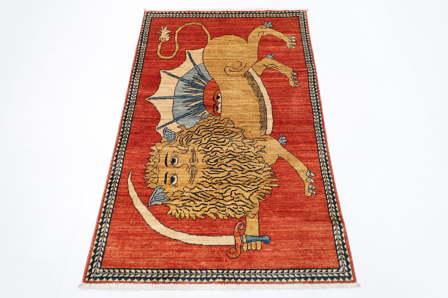 106 x 160 cm | Lion Red Area Rug Afghan Hand Knotted veg Dye Wool carpet