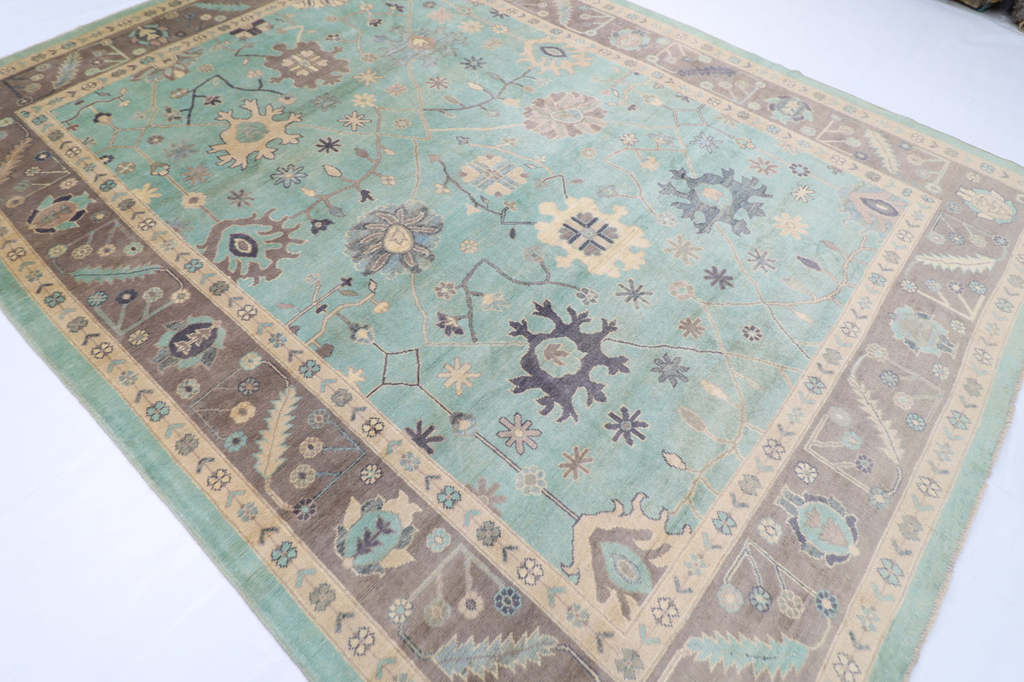 278 x 365 cm | Oushak Green Handmade Afghan Area Rug Hand Knotted Carpet Living Room Rug