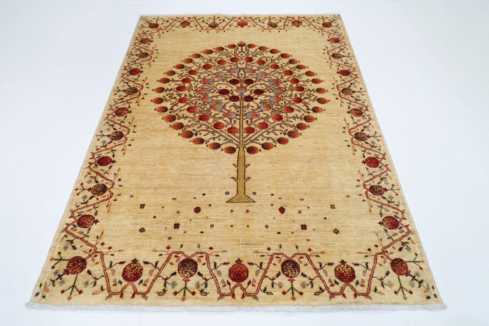 155 x 205 cm | Oriental Tree of life Beige Area Rug Afghan Hand Knotted Veg Dye Wool Carpet
