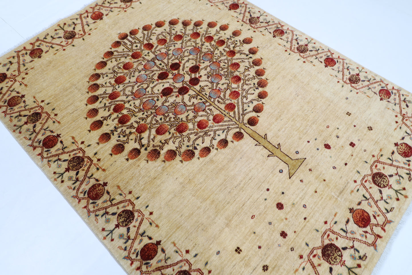 155 x 205 cm | Oriental Tree of life Beige Area Rug Afghan Hand Knotted Veg Dye Wool Carpet