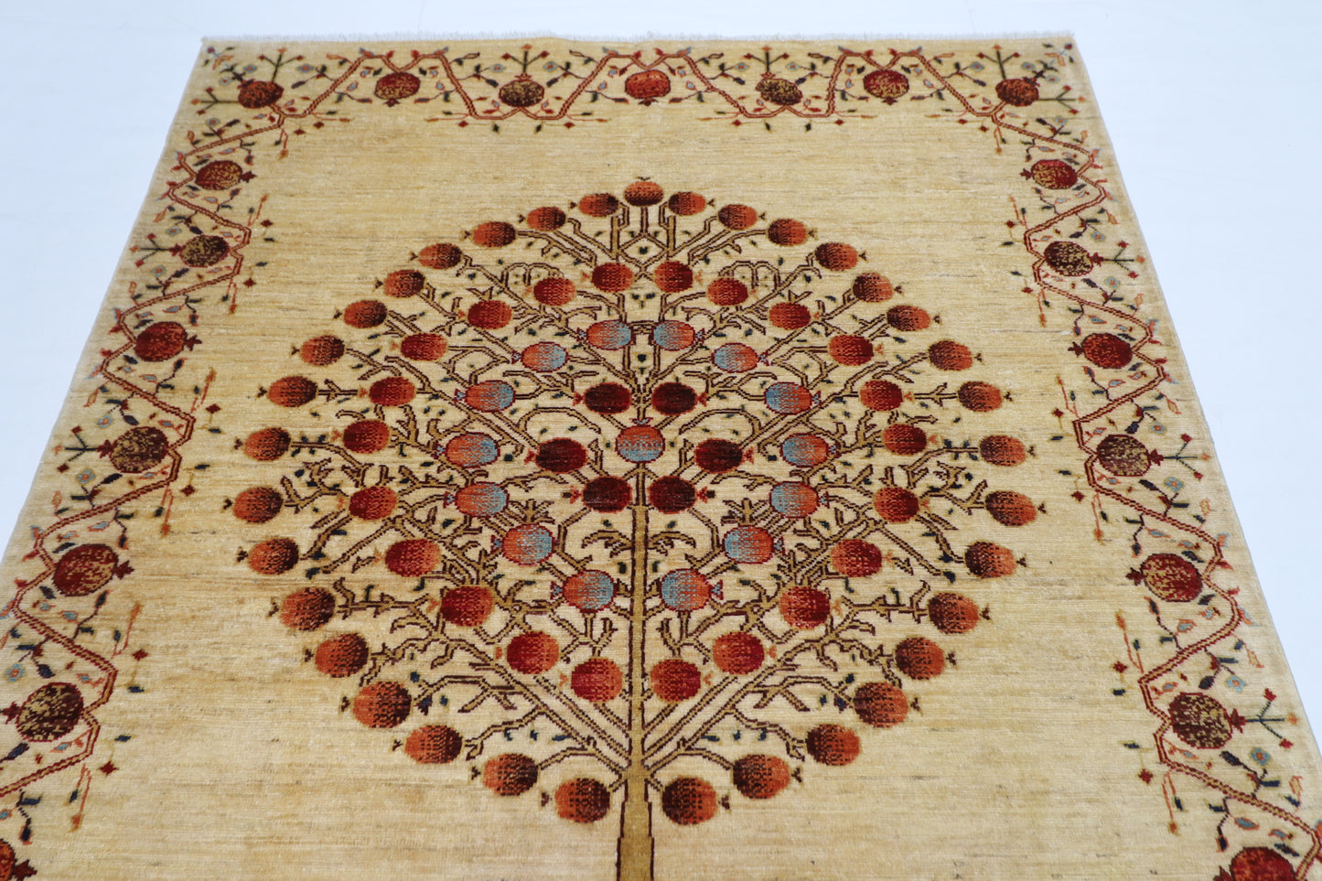 155 x 205 cm | Oriental Tree of life Beige Area Rug Afghan Hand Knotted Veg Dye Wool Carpet